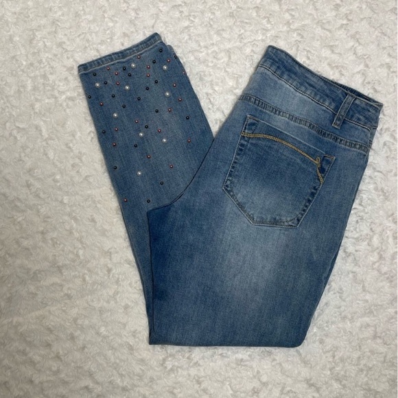 NANETTE LEPORE Hamilton Mid Rise Skinny Crop Blue Jeans Pearl Embellished Size 2 - Picture 3 of 5